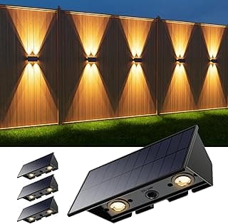 4 Pack Solar Powered Wall Lights for Outside Up and Down Fence Mount LED Outdoor Decorative Waterproof Lamps for Porch, Deck, Patio, Yard, Garden, 4 Lenses Designed for Accent Lighting (Warm White)