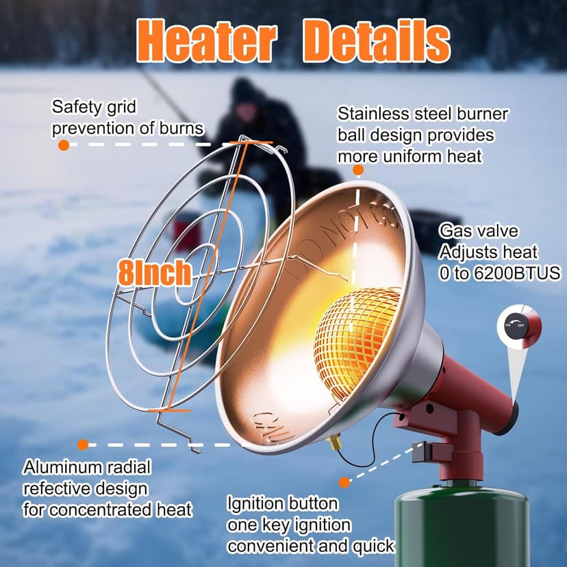 Buyplus Portable Propane Heater, 6200 BTU Portable Camping Heater Outdoor with Electric Ignition, Control Valve, Gas Cylinder Base for Tent, Fishing, Garage, 7“L x 7"W x 10"H