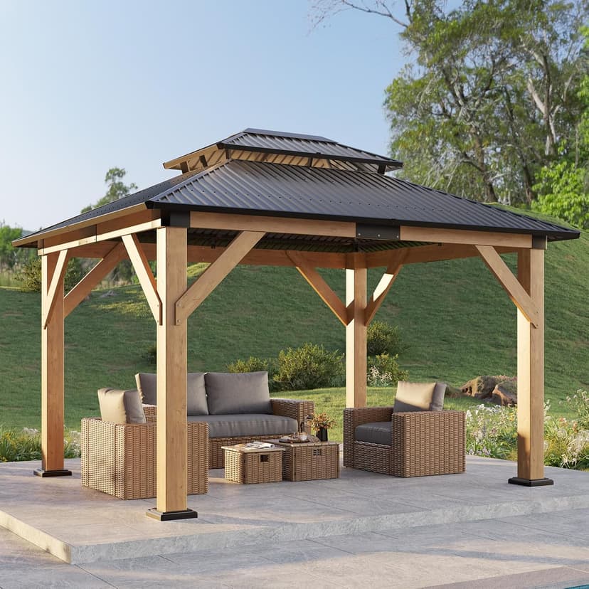10x12 Wood Gazebo, Hardtop Outdoor Gazebo with Aluminum Double Roof, Outdoor Wooden Pavilion for Parties, Backyard, Patio, Lawns, Black + Natural Wood