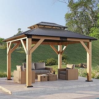 10x12 Wood Gazebo, Hardtop Outdoor Gazebo with Aluminum Double Roof, Outdoor Wooden Pavilion for Parties, Backyard, Patio, Lawns, Black + Natural Wood