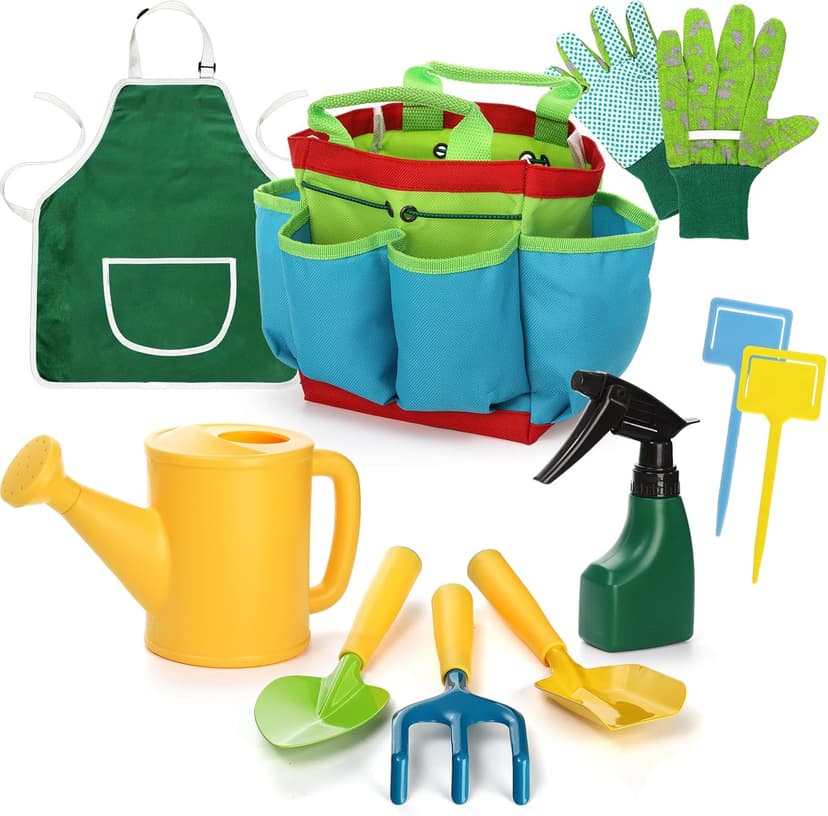 9PCS Kids Garden Tools Set,Boys Girls Gardening Kit Tools Including Watering Can, Spray Bottle, Tote Bag, Apron, Trowel, Rake, Outdoor Garden Toy Gift for Beach