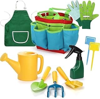 9PCS Kids Garden Tools Set,Boys Girls Gardening Kit Tools Including Watering Can, Spray Bottle, Tote Bag, Apron, Trowel, Rake, Outdoor Garden Toy Gift for Beach