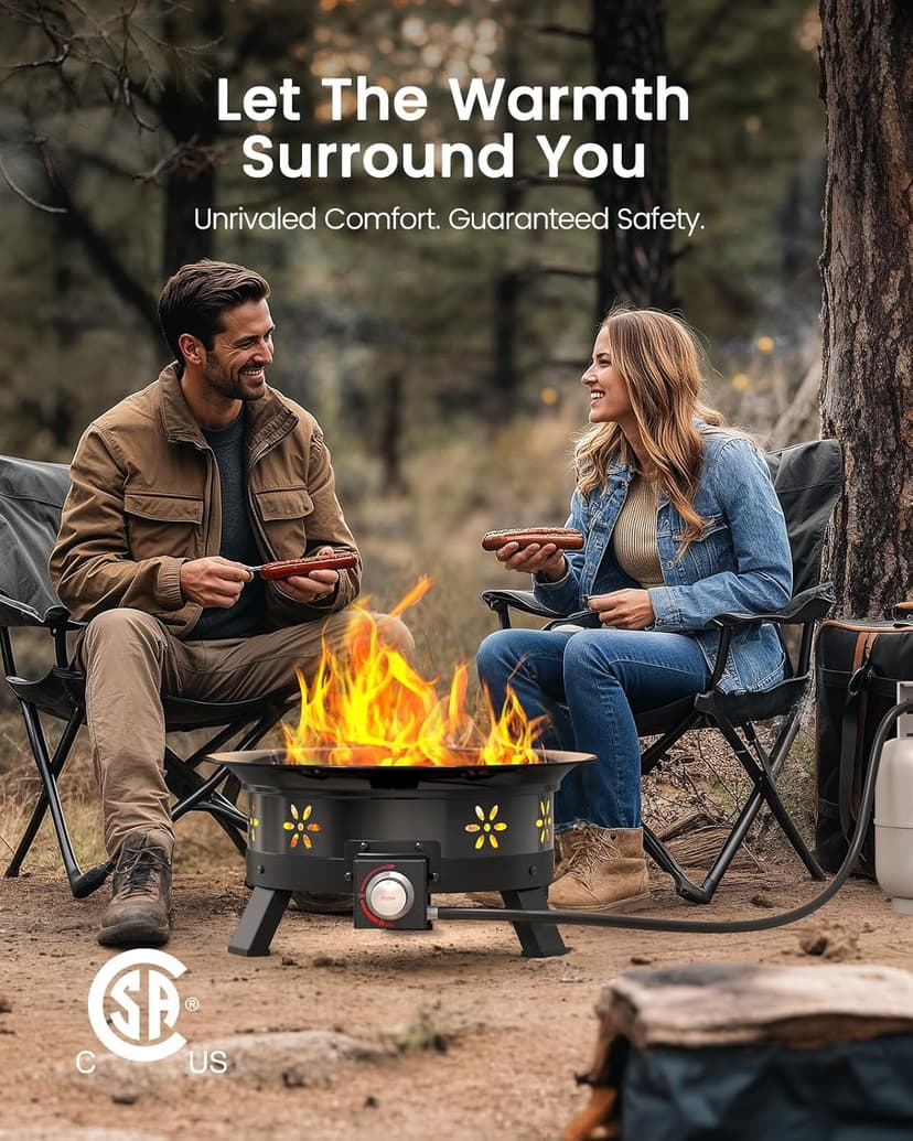 AMADA HOMEFURNISHING 19″ Propane Fire Pit with Grill Grate, 58,000 BTU, Folding Legs, Propane Tank Holder, Cover, and Carry Strap, No Ignition Needed, Easy Flame Adjustment, CSA-Certified, Portable