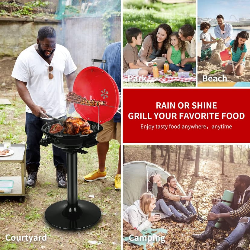 Electric BBQ Grill Techwood 15-Serving Indoor/Outdoor Electric Grill for Indoor & Outdoor Use, Double Layer Design, Portable Removable Stand Grill, 1600W (Stand Red BBQ Grills)
