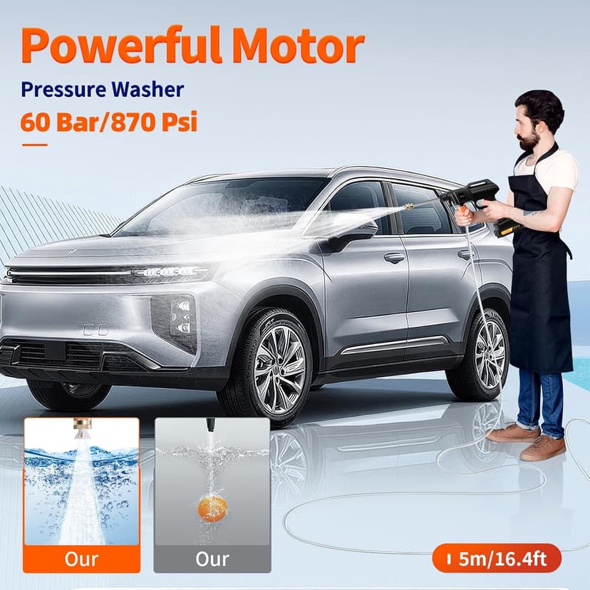 Cordless Pressure Washer,1500W Portable Battery Pressure Washer, 60Bar/870 PSI High Pressur𝗲 Washer Gun with 2 Nozzles, 2 Battery, 5m Hose Cordless Jet Washers/Pressur𝗲 Washer for Car/Floor/Patio