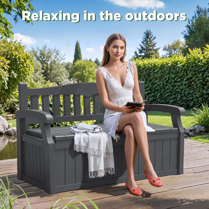 Greesum 80 Gallon Storage Bench Outdoor Deck Box with Armrest, Patio Furniture,Lockable, Waterproof and UV Resistant, Suitable for Garden, Pool, Grey