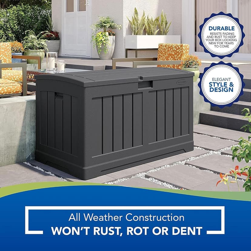 Suncast 50 Gallon Medium Capacity All Weather Construction Resin Outdoor Storage Deck Box with Arched Lid for Patio, Garden, or Pool, Peppercorn