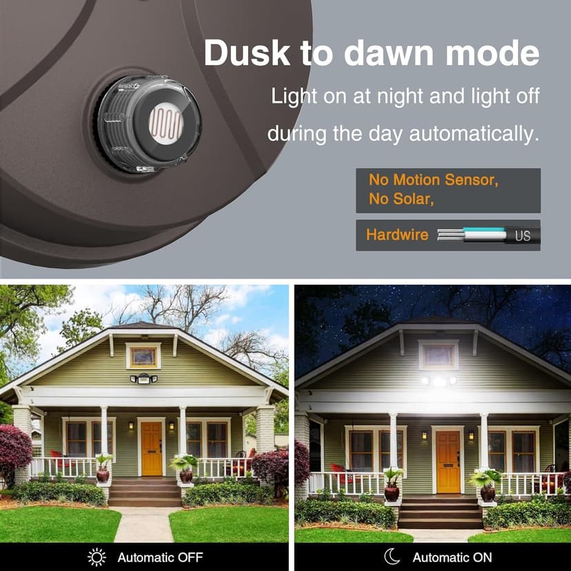 Onforu 60W LED Dusk to Dawn Outdoor Lighting, 6000LM Exterior Flood Light, IP65 Waterproof Outdoor 3 Adjustable Heads Photocell Security Lights Fixture, 6500K Floodlights for Garage, Patio, Yard