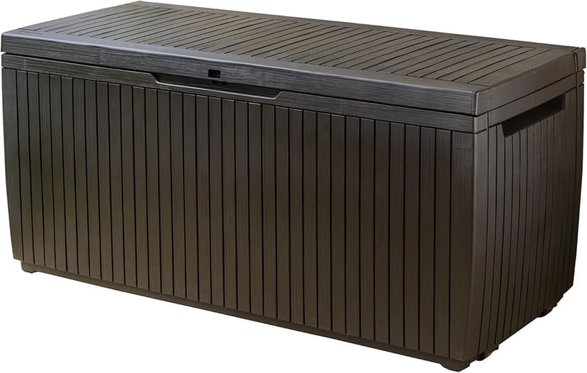 Keter Springwood 80 Gallon Resin Outdoor Storage Box for Patio Furniture Cushions and Garden Tools with Handles, Brown