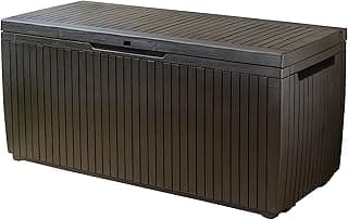 Keter Springwood 80 Gallon Resin Outdoor Storage Box for Patio Furniture Cushions and Garden Tools with Handles, Brown