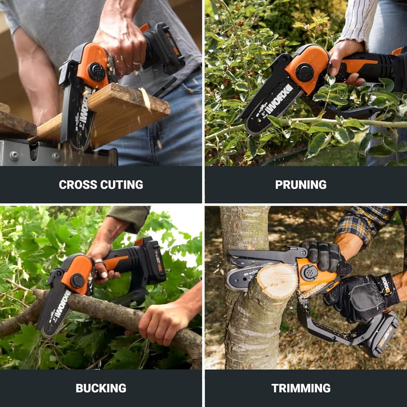 Worx 20V 5" Mini Cordless Chainsaw, 3.9 lbs, 22 ft/s Chain Speed, Power Share Battery, Upper & Hand Guard WG324 - Battery & Charger Included