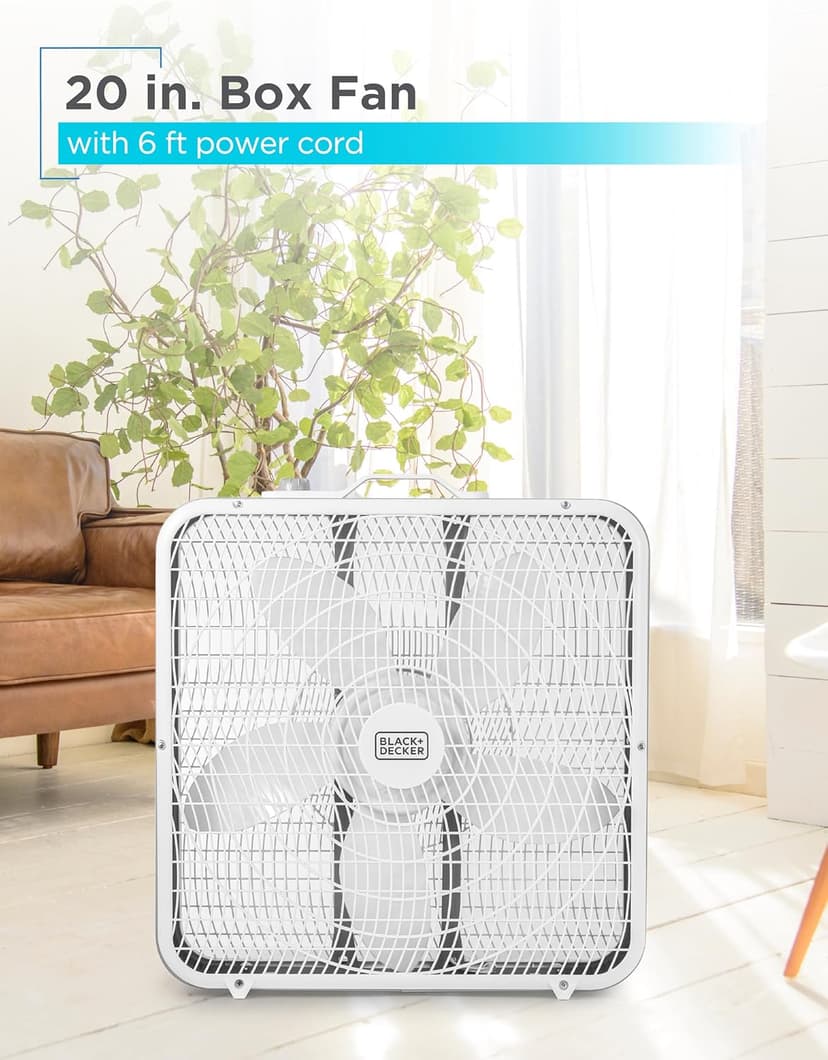 BLACK+DECKER Box Fan with 3 Speed Settings, 20” Box Fan with Carrying Handle, Rotary Knob and Recessed Cord Storage, Portable Fan and Cooling Fan for Home, Office, Garage, Basement & More