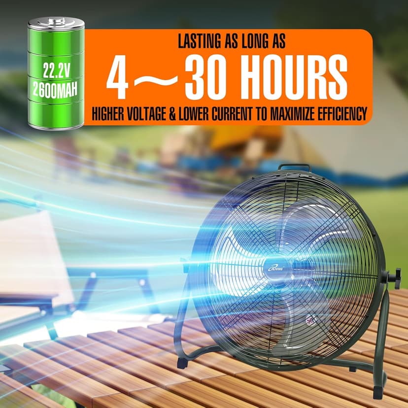 iLiving 18" Rechargeable Battery Operated Camping Floor Fan, High Velocity Portable Outdoor Fan with Metal Blade, With Built-in Lithium Battery for Whole Day Usage, 18 Inches, Military Green
