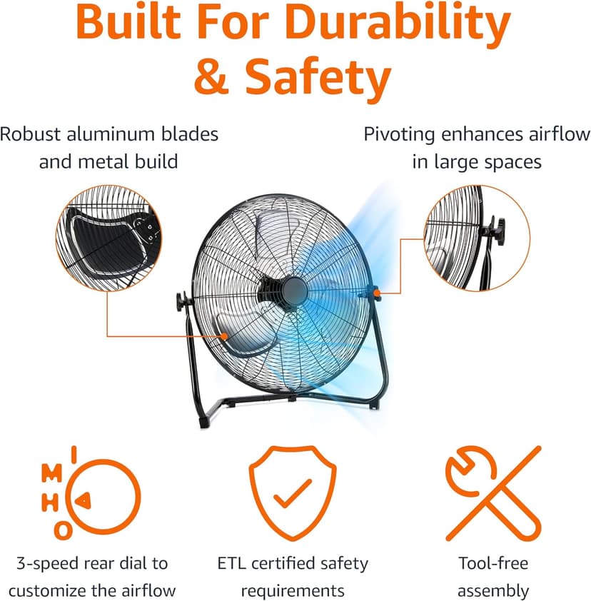 Amazon Basics 20" High Velocity Industrial Fan, Floor Fan, with 3 Speeds, Tilt Head, ETL-Listed Safety Compliance, Metal Housing/Blades, Ideal for Industrial/Commercial Space/Garage/Gym, 125W, Black