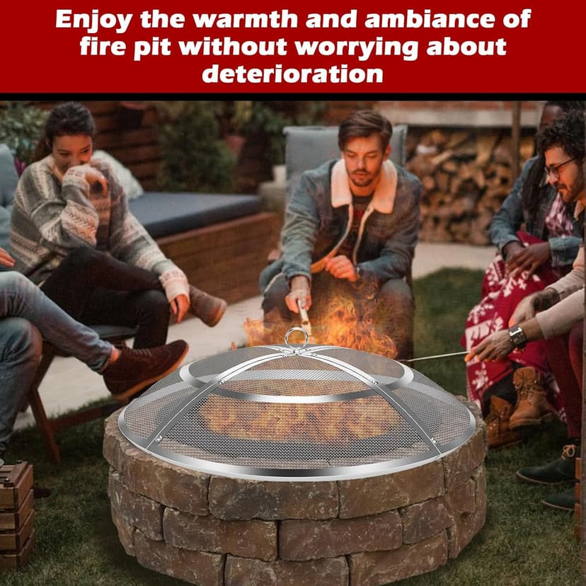 Fire Pit Spark Screen,36 Inch Fire Pit Screen Cover Stainless Steel Outdoor with Handle&Poker,Firepit Screens Cover Round Mesh Lid Heavy-Duty Steel Replacement for Backyard/Beach/RV Camping