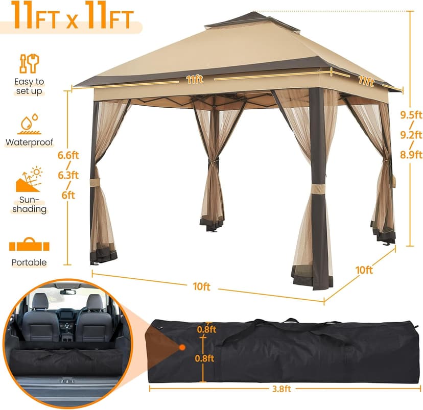 Yaheetech 11x11 Pop Up Gazebo Outdoor Canopy Shelter, Instant Patio Gazebo Sun Shade Canopy Tent with 4 Sandbags, Double Tiers & Mesh Netting for Lawn, Garden, Backyard & Deck, Khaki