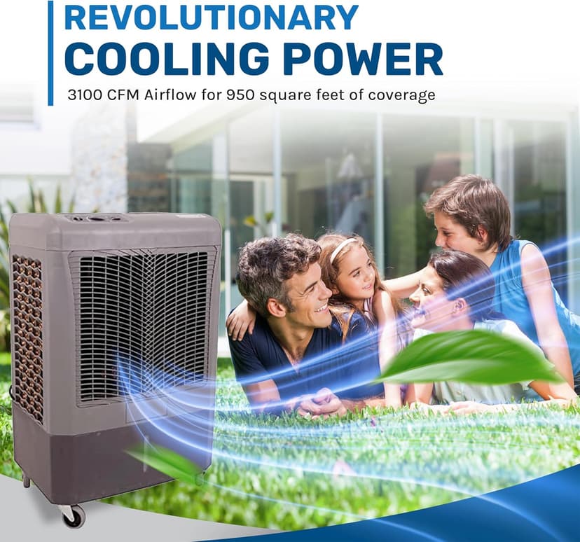 Hessaire MC37M Portable Evaporative Cooling Fan, Indoor/Outdoor High Temp Low Humidity Environments, 3100 CFM, 950 sq. ft., 3-Speed Fan, 59 dB, Gray
