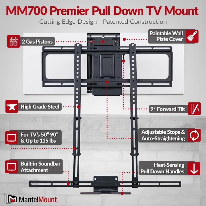 MantelMount MM700 Premier Fireplace TV Mount Pull Down Bracket for 50"-90" & 25-115 lb Televisions Above Mantel with Sound Bar Attachment, Paintable Covers & Safety Pull Down Handles