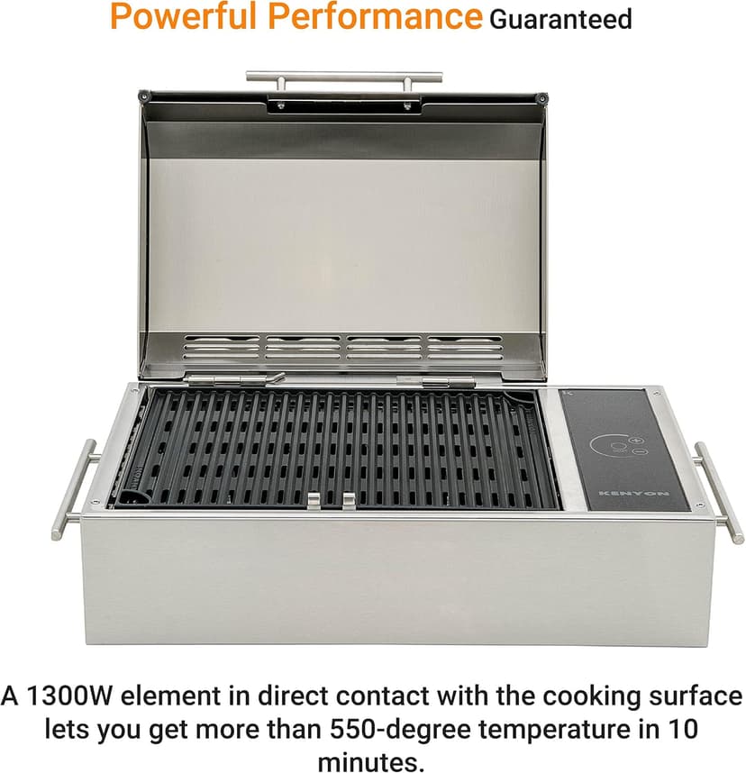 KENYON Frontier Portable Electric Grill, Waterproof Digital Touch Control, UL-Approved For Indoor And Outdoor Use, Stainless Steel, Rust-Proof Grill, Quick Heat Up, Dishwasher Safe, 120V