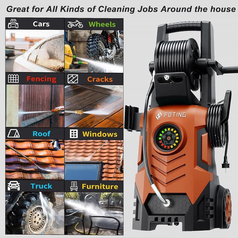 2025Upgraded Electric Pressure Washer with Adjustable Touch Screen 5000PSI 3.3GPM/8 Level, 58Total Long, 4 Quick Connect Nozzles,Inlet Hose&Filter&Foam Cannon for Cars/Fences/Driveways/Home Cleaning