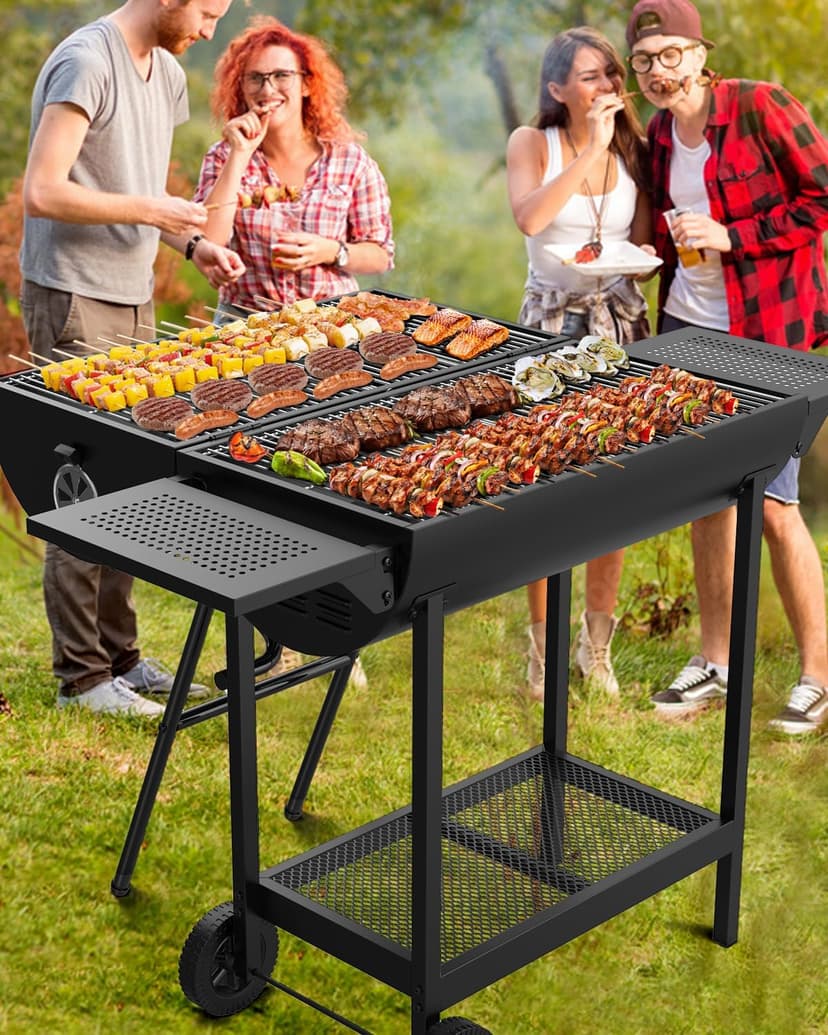 Extra Large Charcoal BBQ Grill, 918 Square Inches Cooking Space, Outdoor Barbecue Grill with 2 Foldable Side Tables for Outdoor Backyard Patio Picnic Parties Camping, Black