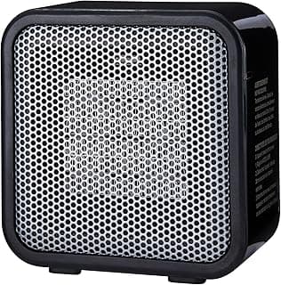 Amazon Basics Ceramic Space Heater, Mini Heater for Office Desk, Portable Tent Heater for Camping (Indoor Use), 500 W, With Tip-Over Protection, Lightweight (1.4 LBS), Black, 5.8"D x 3.4"W x 6"H