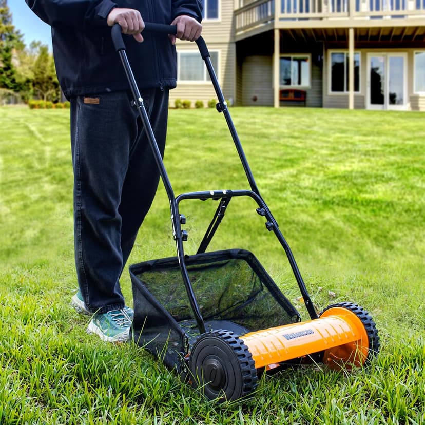 Walensee 16-Inch 5-Blade Push Reel Lawn Mower, Cordless Manual Reel Lawn Mower Walk-Behind Steel Lawn Mowers with Removable 7.9-Gallon Grass Catcher, Sponge Grip, 4-Position Cutting Height Adjustment