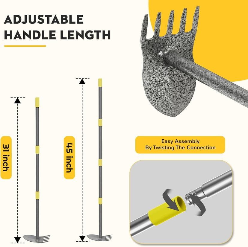 Luvenia Hoe Garden Tool Heavy Duty Garden Hoe for Weeding Loosening Soil 2 in 1 Manual Garden Tools Long Handle Adjustable 16-45 Inch Steel Shaft for Gardening
