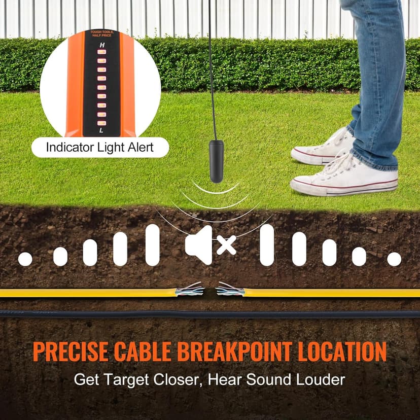 VEVOR Underground Cable Locator, 3 FT Max. Detection Depth, Wire Tracer Break Detector Finder with Earphone, 1000 FT Max.Detection Length Cable Tester for Pet Fence Buried Sprinkler Valve Irrigation