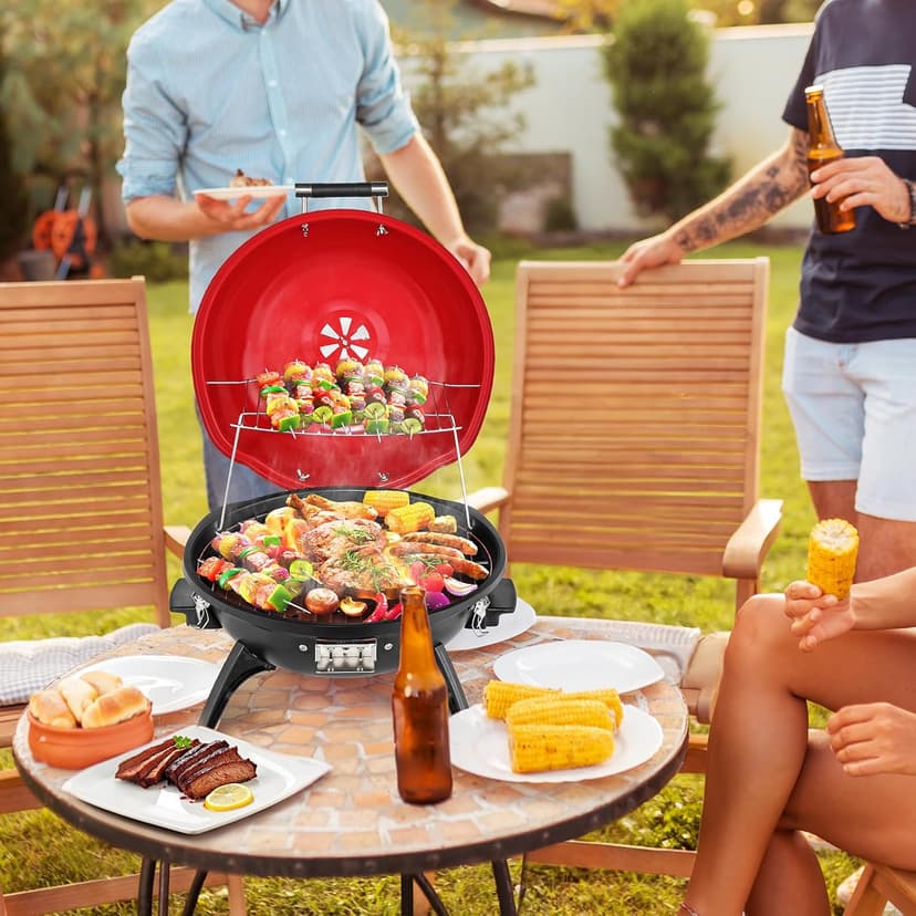 ROVSUN Tabletop Electric Grill with Temperature Control, Double Layer Design, 304 stainless, Portable Removable -Perfect Small Stove for Indoor and Outdoor BBQ, 1600W, Red