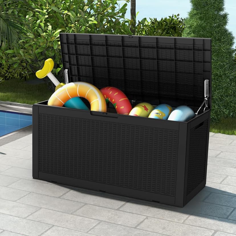 100 Gallon Waterproof Deck Box, Resin Outside Storage Box, Large Outdoor Storage Bin for Patio Furniture Cushions, Pool Supplies, Garden Tools, Weatherproof, Black