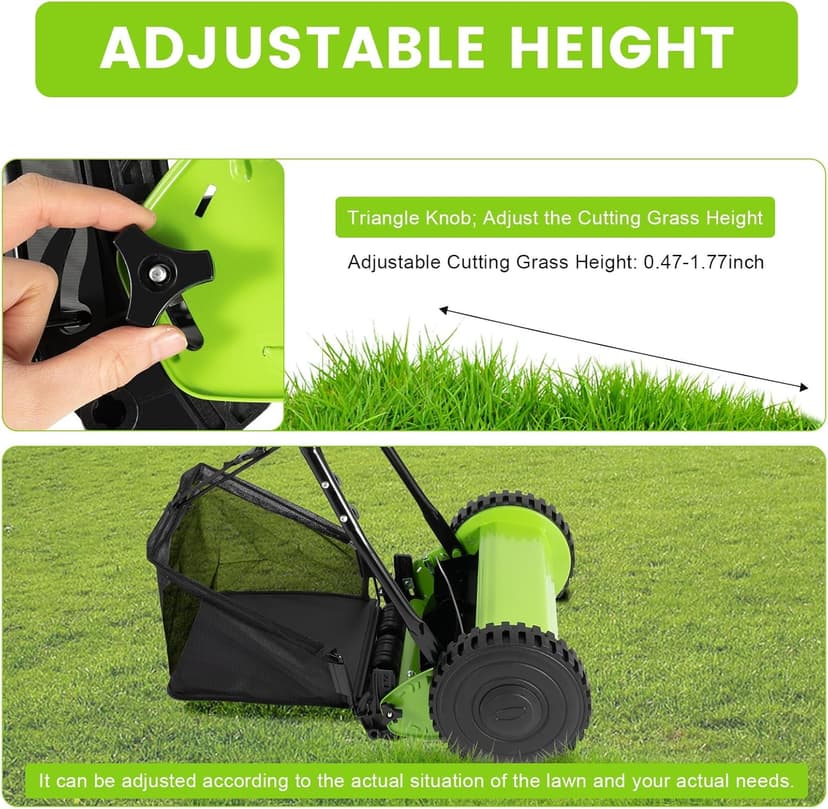 12-Inch Lawn Reel Mower, 5-Blade Push Reel Mower Manual Adjustable Cutting Height with 6 Gallons Grass Catcher Easy to Use for a Green Healthy Lawn