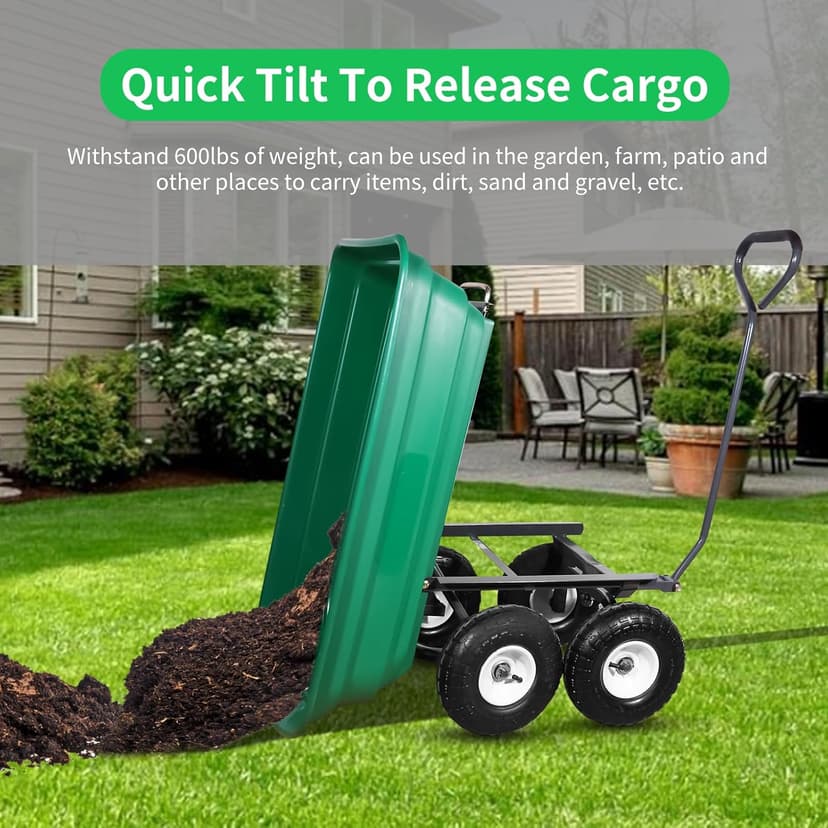 AAIN 600 Lbs Poly Garden Dump Cart,Camping Beach Wagon with 180° Rotating Handle and 10"Pneumatic Tires,Practical Heavy Duty Yard carts and Wagons,Quick Release Utility Wheel Barrow Trolley,Green A078