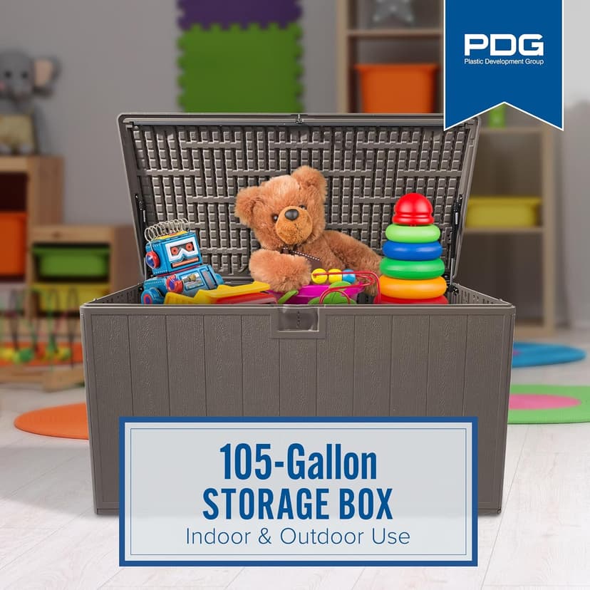Plastic Development Group Outdoor Storage Deck Box, Soft Closure, 105 Gallon, Java