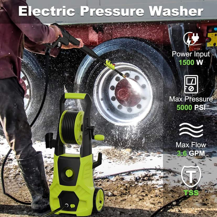 Pressure Washer, 5000PSI Max 3.6GPM Electric Power Washer with Foam Cannon 35FT Power Cord 4 Nozzles, Pressure Washer for Cars, Patios, Fences, Decks and Driveway
