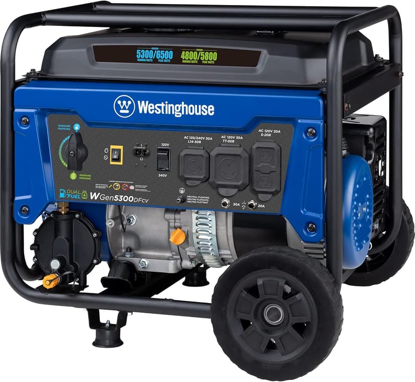 Westinghouse 6500 Watt Dual Fuel Home Backup Portable Generator, Transfer Switch Ready 30A Outlet, RV Ready 30A Outlet, CO Sensor
