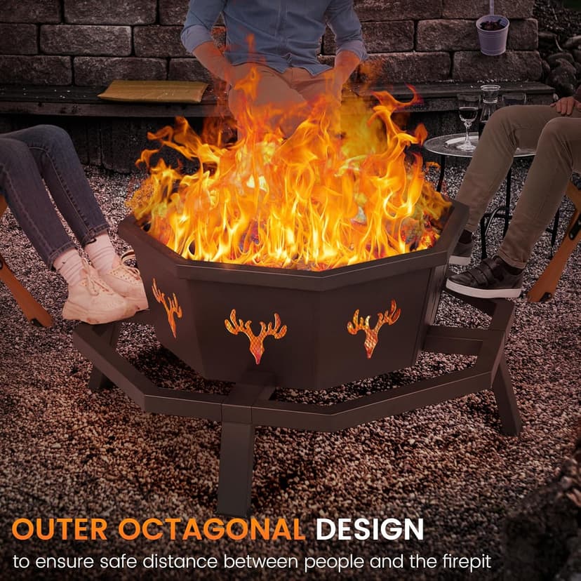 BOINN 35 Inch Fire Pit, Wood Burning Fire Pit for Outside, Heavy Duty Octagonal Firepit with Poker for Camping Backyard Patio Black