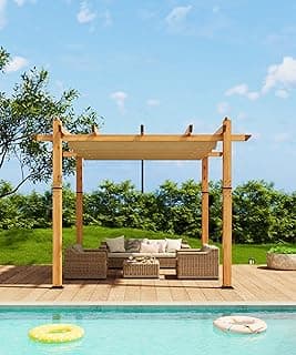 10 x 10 Ft Wood-Grain Aluminum Pergola Outdoor Pergola with Retractable Canopy Sun Shade Shelter for Garden, Patio, Backyard, Deck - Khaki
