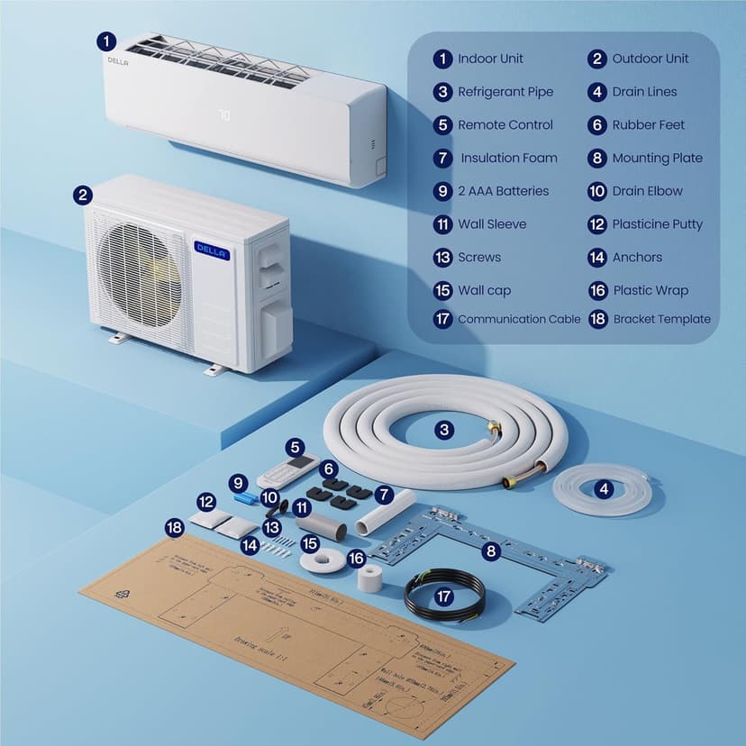 DELLA Vario 12000 BTU Mini Split Air Conditioner Work with Alexa 19 SEER2 Cools Up to 550 Sq.Ft Energy Efficient Ductless Inverter System, Heat Pump Pre-Charged and 16.4ft Installation Kits