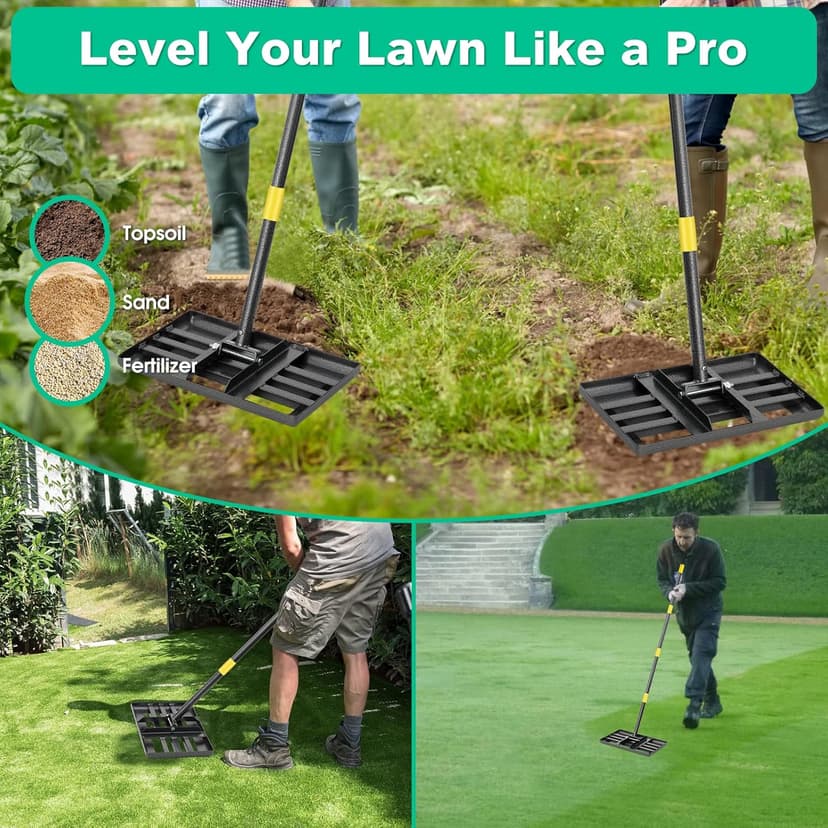 Lawn Leveling Rake with Smooth Edge,Heavy Duty 17"x10" Lawn Leveling Rake with 5FT Adjustable Handle for Yard Garden Lawn Leveling, Soil Sand Spreading Dirt Top Dressing, Small Lawn Level Tool