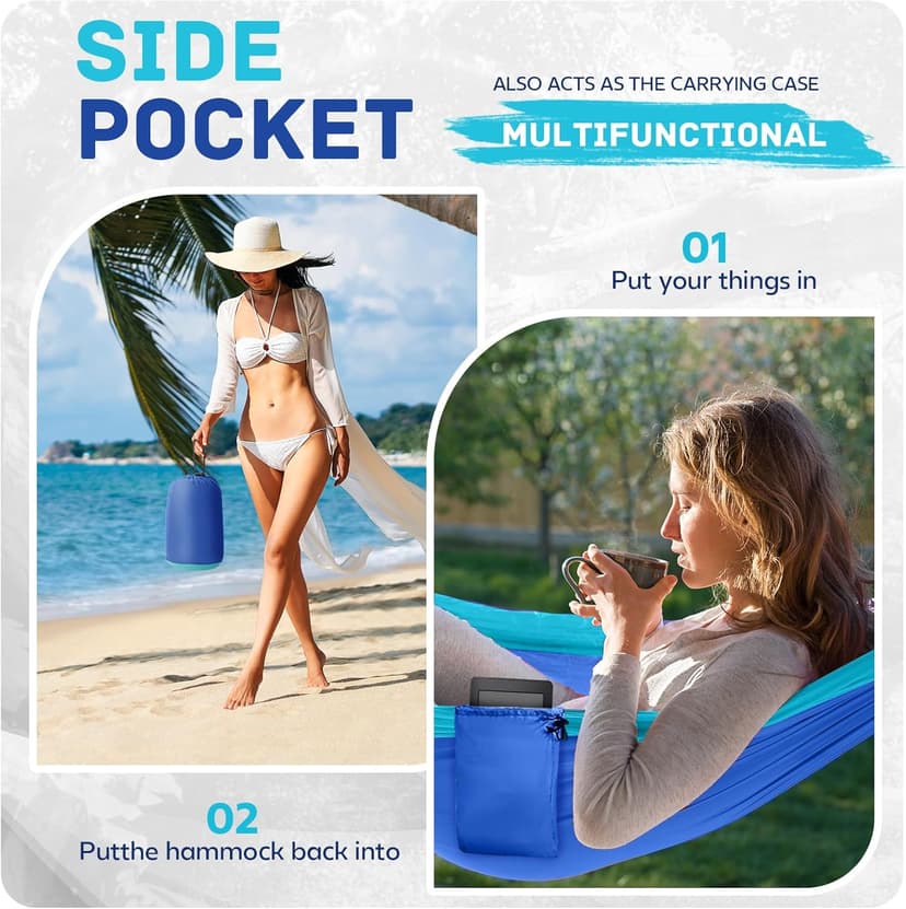 Camping Hammock Lightweight, Portable Hammocks Parachute Hammock with Two Tree Straps, Single or Double Travel Swing Nylon Camp Hammocks, Outdoor Essentials for Beach Backpacking Hiking, Blue