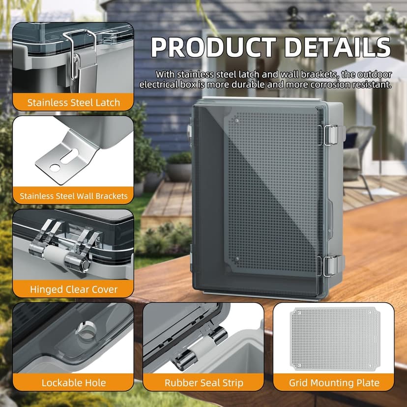 Joinfworld Lockable Outdoor Weatherproof Electrical Box for Electronics Outside 11.4x7.5x5.5 Weather Proof Electrical Box Plastic Nema 4 Enclosure Clear