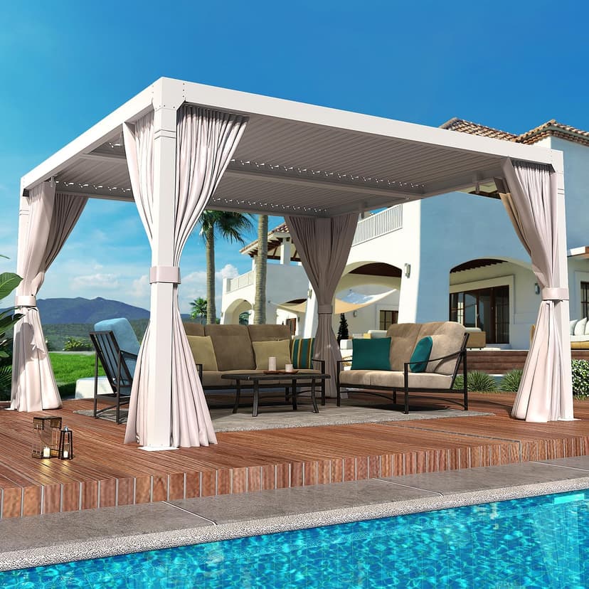 YOLENY Louvered Pergola 12x12, All Aluminum Pergola with Adjustable Rainproof Roof, Outdoor Pergola with Curtains and Nets for Patio & Garden, White