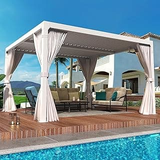 YOLENY Louvered Pergola 12x12, All Aluminum Pergola with Adjustable Rainproof Roof, Outdoor Pergola with Curtains and Nets for Patio & Garden, White