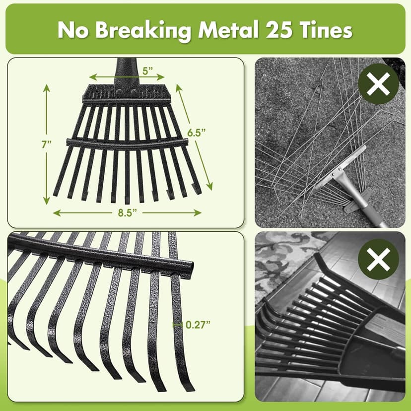 Garden Rake for Leaves Sturdy Metal Small Yard Leaf Rakes for Lawns 60” Length 8.5 Inch Width 11 Tines for Women Men Kids Lightweight with Non-Slip Comfortable Smooth Long Handle