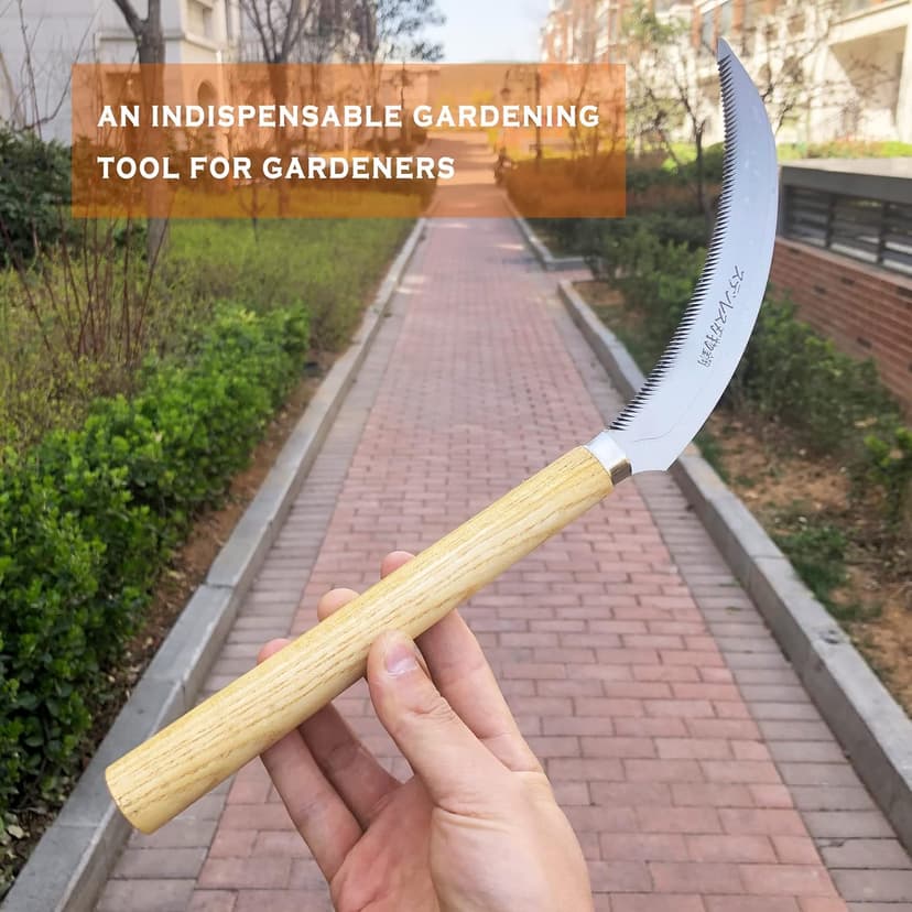 SHANFEEK Grass Sickle with Sawtooth Japanese Weeding Hoe Weeding Tools for Garden High Toughness Stainless Steel with Hard Solid Wood Handle(Yellow)