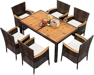 Shintenchi 7 Pieces Patio Dining Set, Wicker Patio Conversation Set with Wooden Table Top, Outdoor Table and Chairs with Soft Cushions for Backyard, Deck and Garden, Brown Rattan