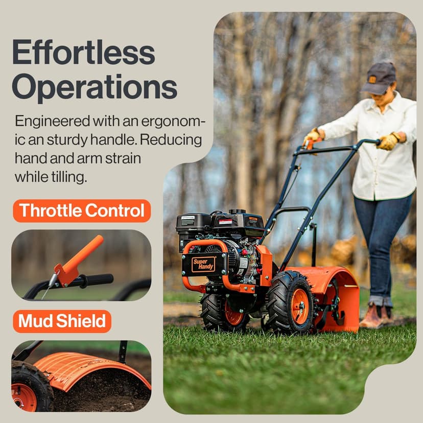 SuperHandy Tiller Cultivator – 7HP 209cc Engine, Adjustable Tilling Width & Depth, Heavy-Duty Steel Tines for Garden Soil Prep, Landscaping & Weed Removal (Rear Tine Tiller)