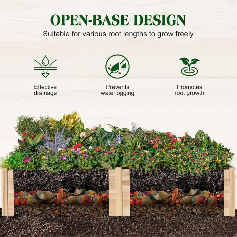 Amerlife 8x4 Ft Wood Raised Garden Bed, Durable 15 Inch Depth Planter Box for Vegetables, Herbs, and Flowers, Ideal for Outdoor Gardening with Open Base