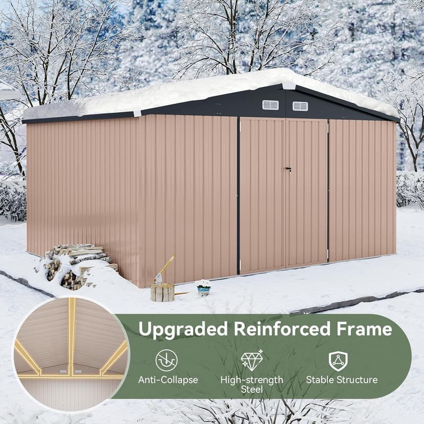 Aoxun 12x10 FT Shed Metal Outdoor Waterproof Storage Shed Steel Utility Garden Tool Shed with Door & Lock Outdoor Storage for Garden Patio Lawn Poolside, Brown